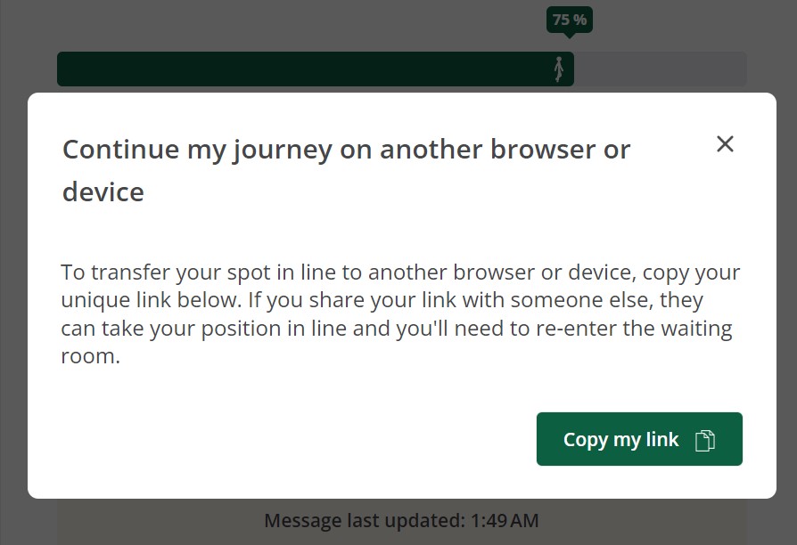 Pop-up box explaining that you can continue your journey on another device by following the link