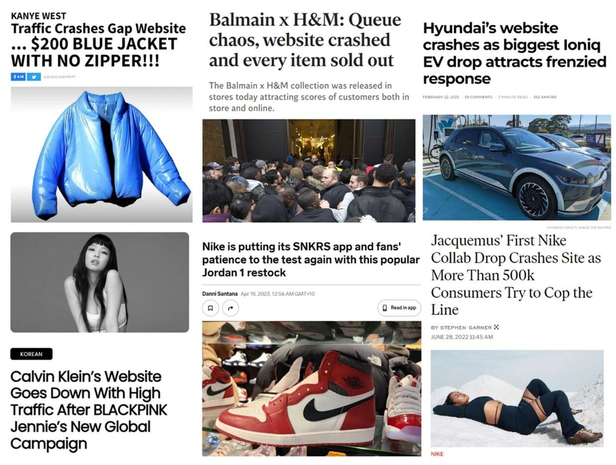 Six news articles showing drops that have crashed websites