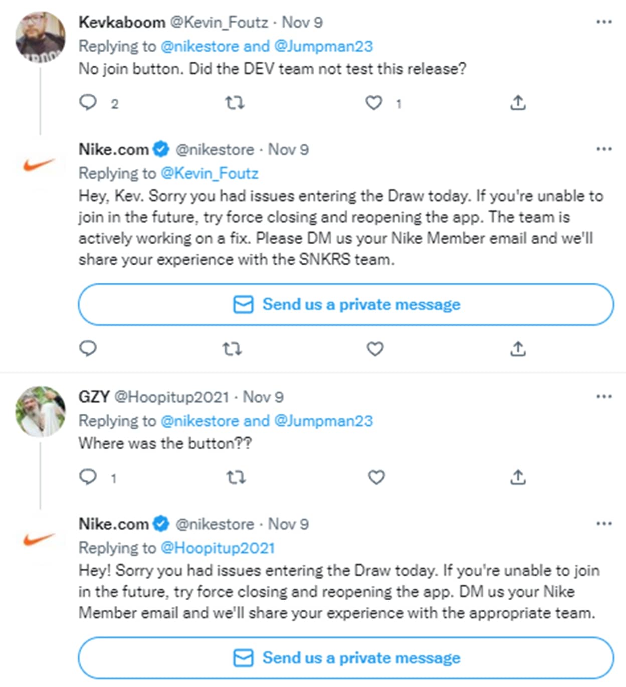 Tweets about the join button not functioning during a Nike sneaker drop